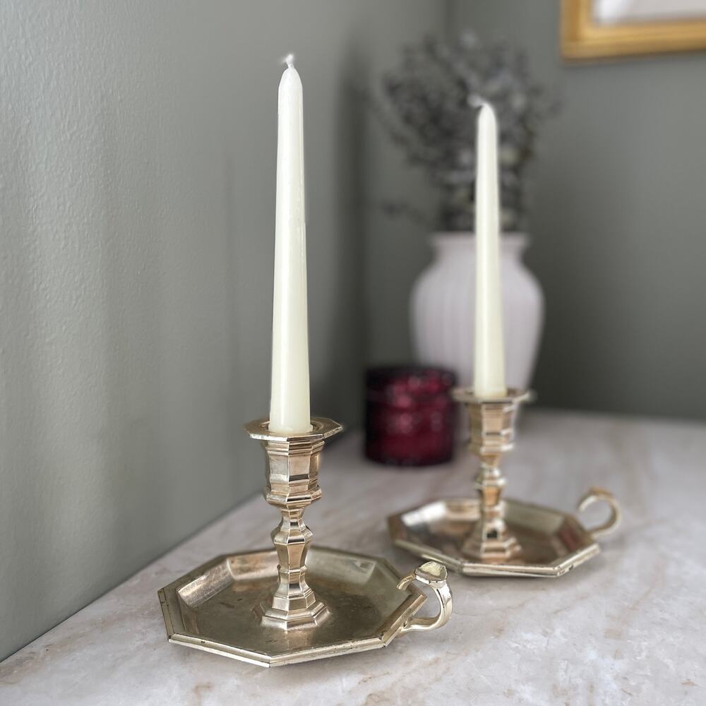 Vintage Japan Pair Silver Plated Chamberstick Candle Holders